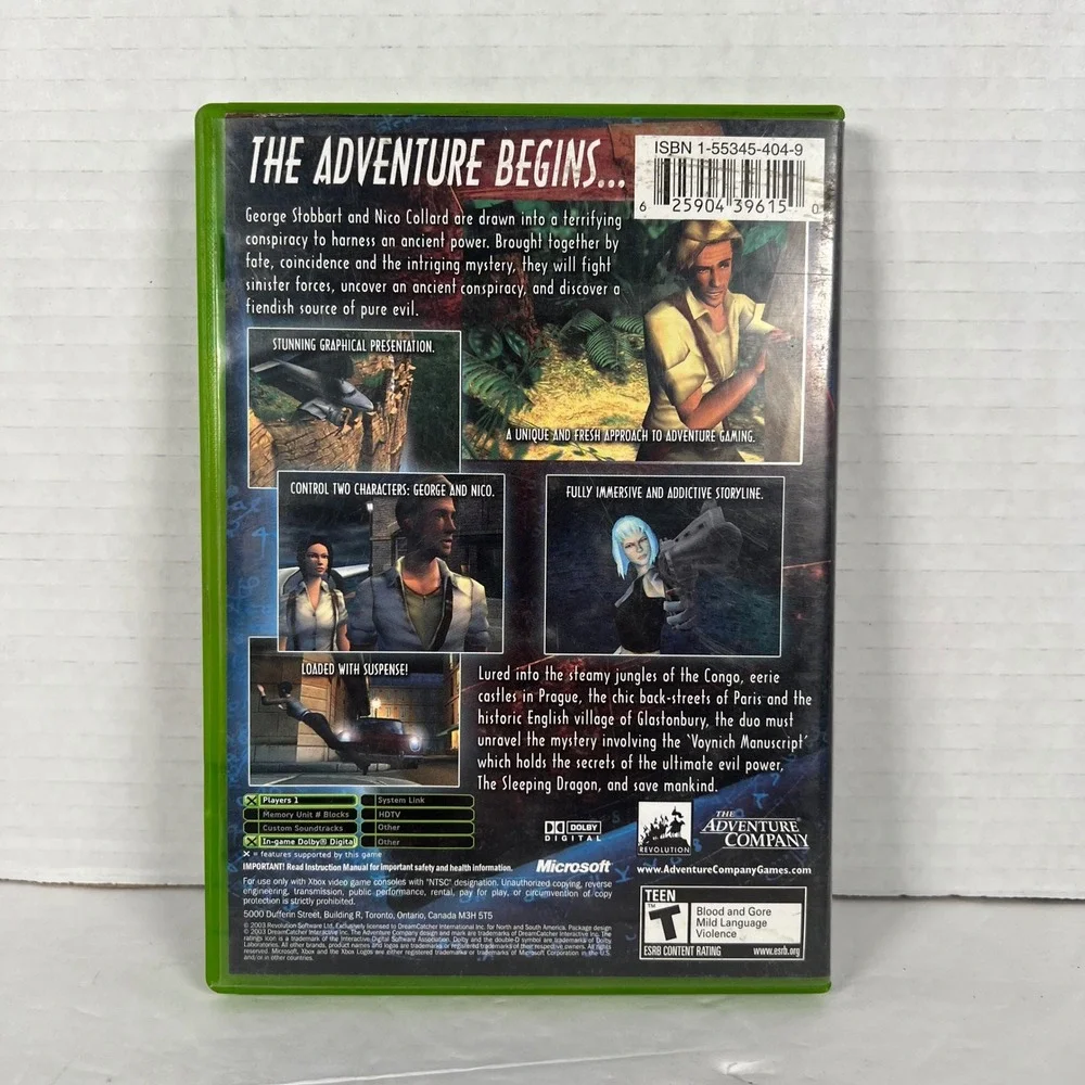 Broken Sword The Sleeping Dragon Microsoft Xbox 2003 CIB Adventure Game